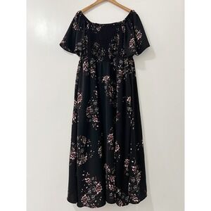 BloomChic Black Floral Maxi Dress Smocked Off Shoulder Short‎ Sleeve US 12 UK 16